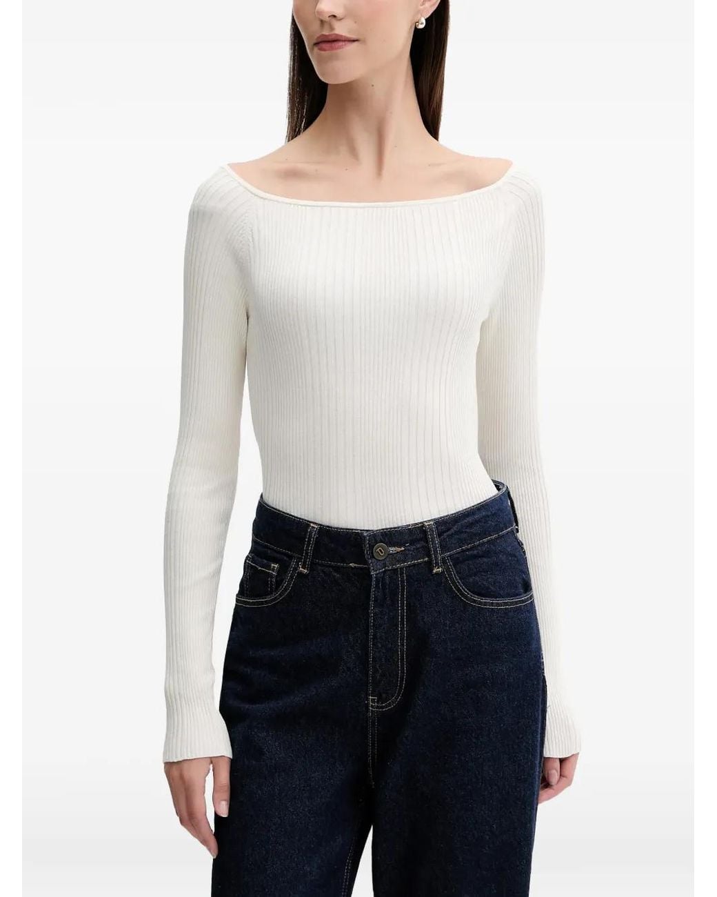 Benetton White Ribbed Boat-Neck Sweater
