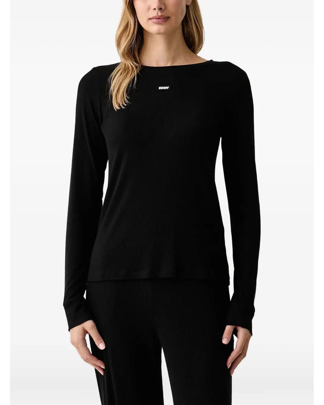 DKNY Black Ribbed Logo-Patch Pajama Set