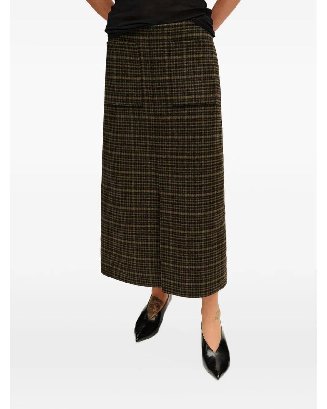 Bimba Y Lola Black Faded Khaki Double-Face Checked Midi Skirt