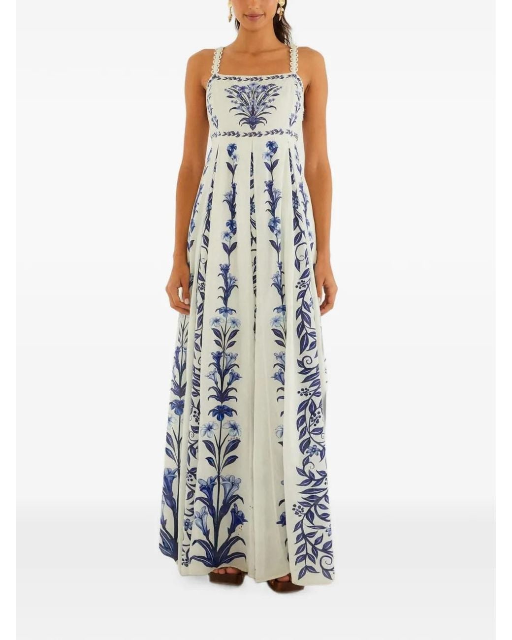 Farm Rio White Flowers Arch Pleats Maxi Dress
