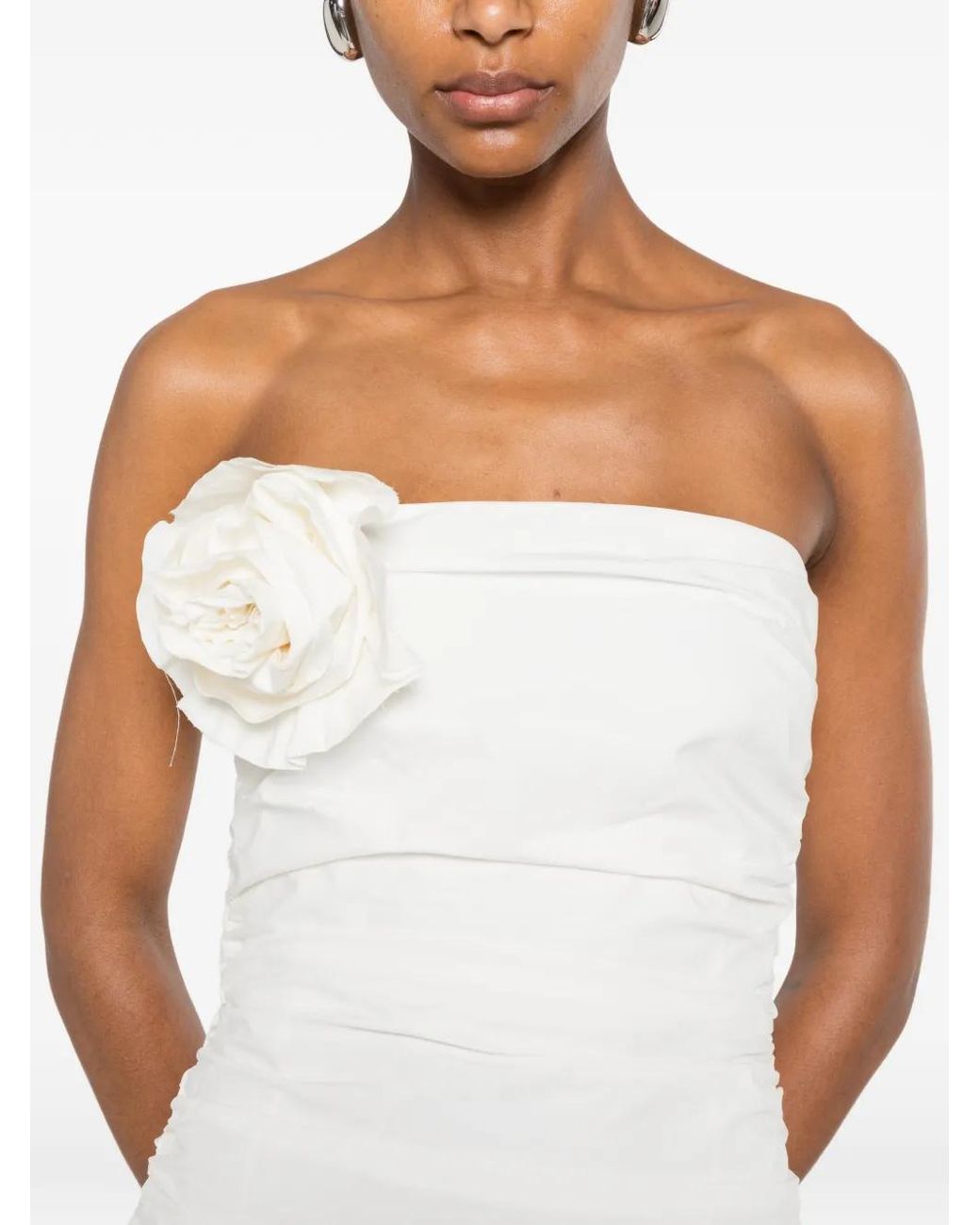 BERNADETTE White Vera Flower-Brooch Strapless Midi Dress