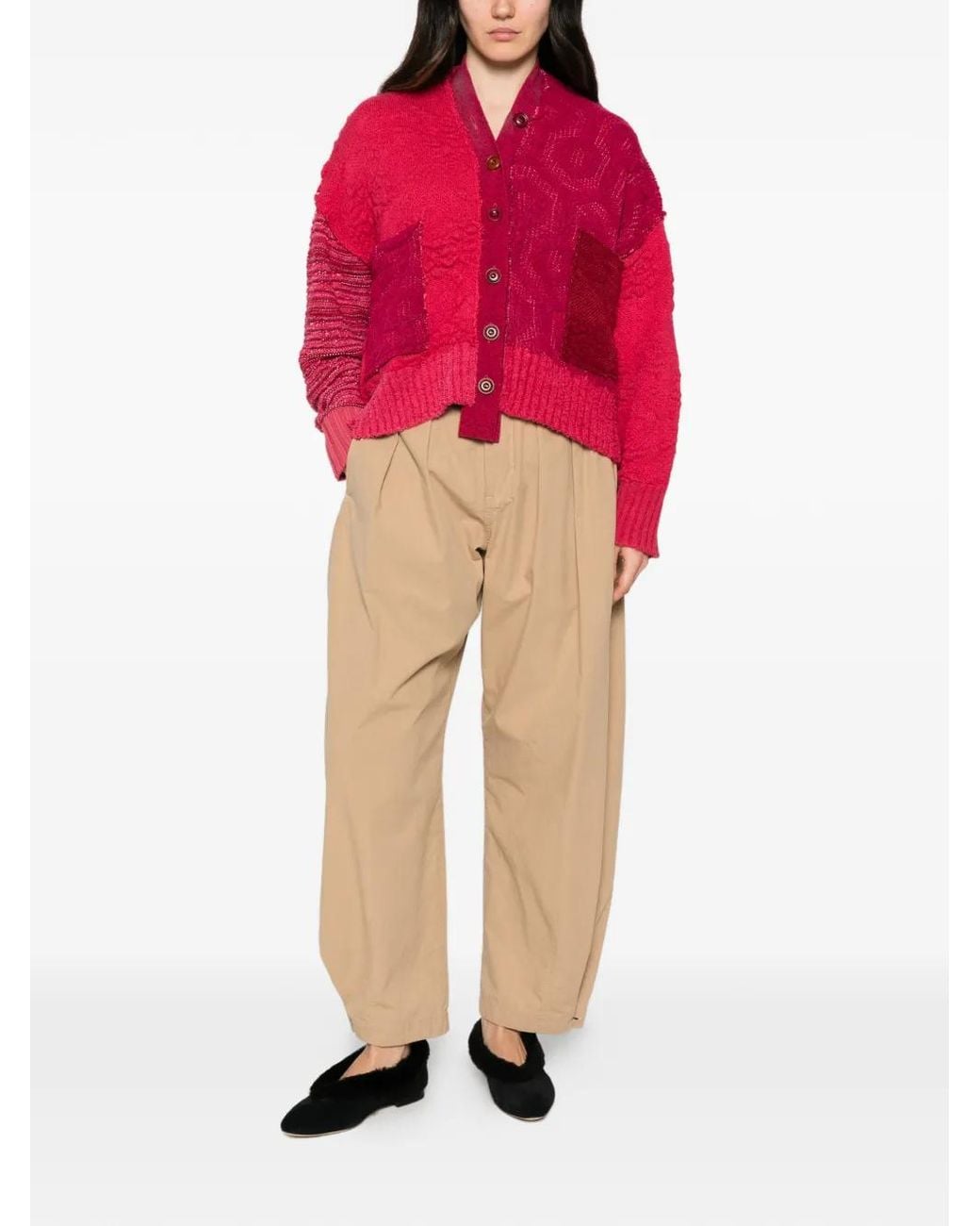 ESSENSI Red Iris Patchwork V-Neck Cardigan