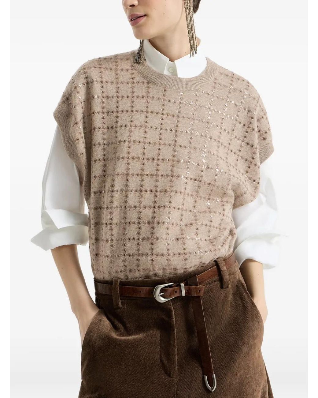 Brunello Cucinelli White Cashmere Knit T-Shirt With Dazzling Windowpane Embroidery