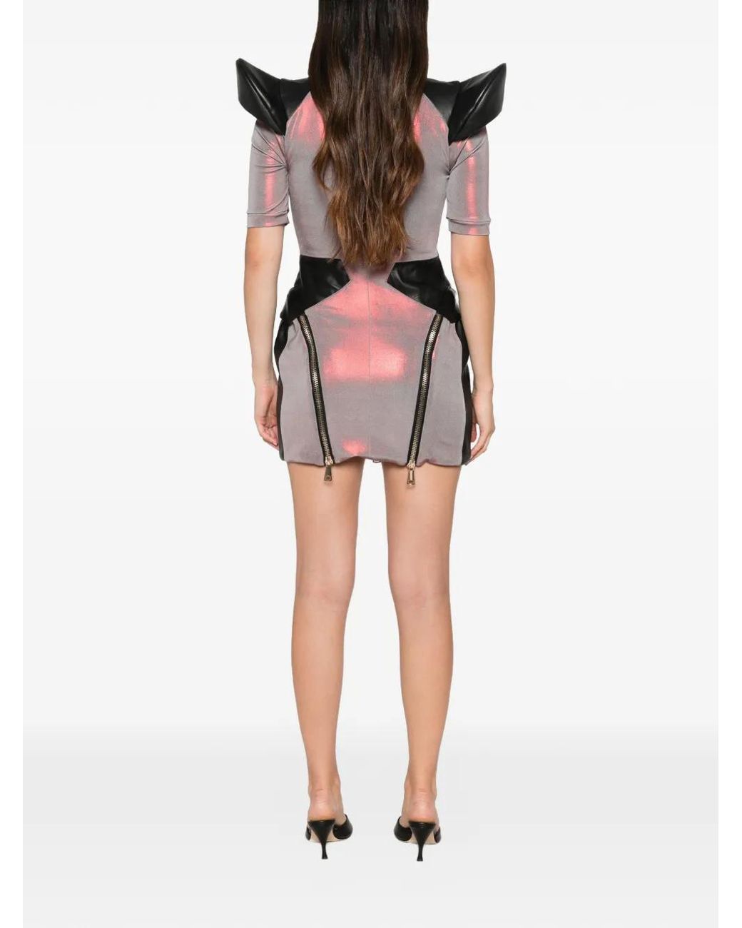 MITILIANE COUTURE Gray Holographic-Effect Zip-Detail Mini Dress