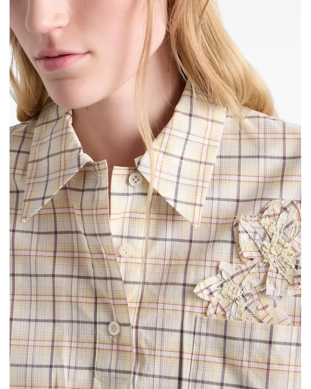 Prada Natural Embroidered Checked Poplin Top