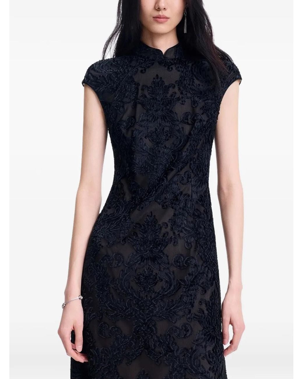Shanghai Tang Black Qipao Embroidered Midi Dress