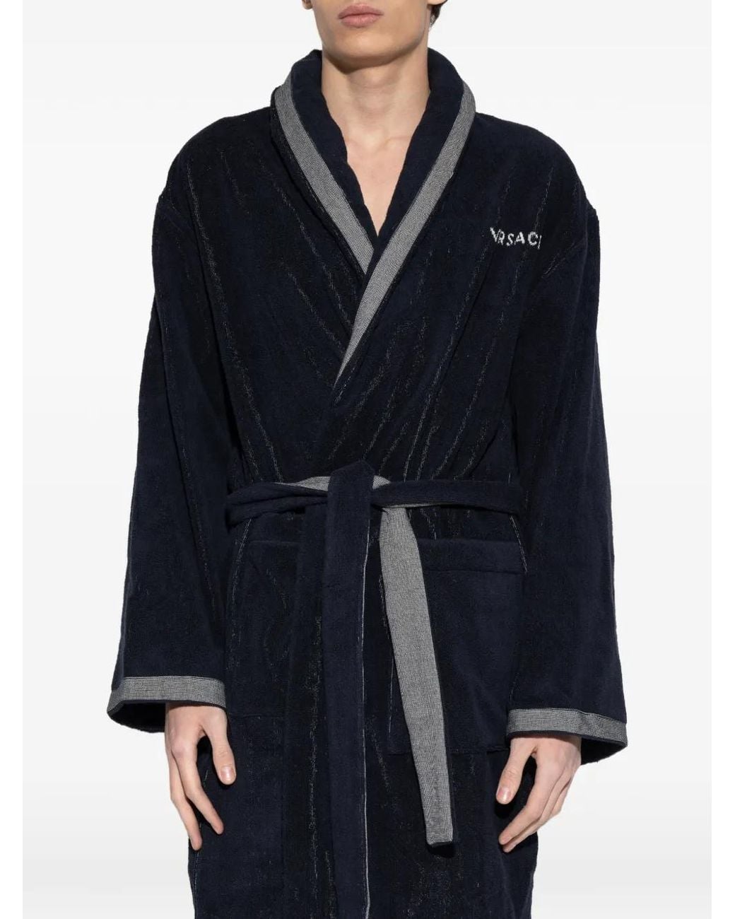 Versace Blue Cotton-Terry Jacquard Dressing Gown