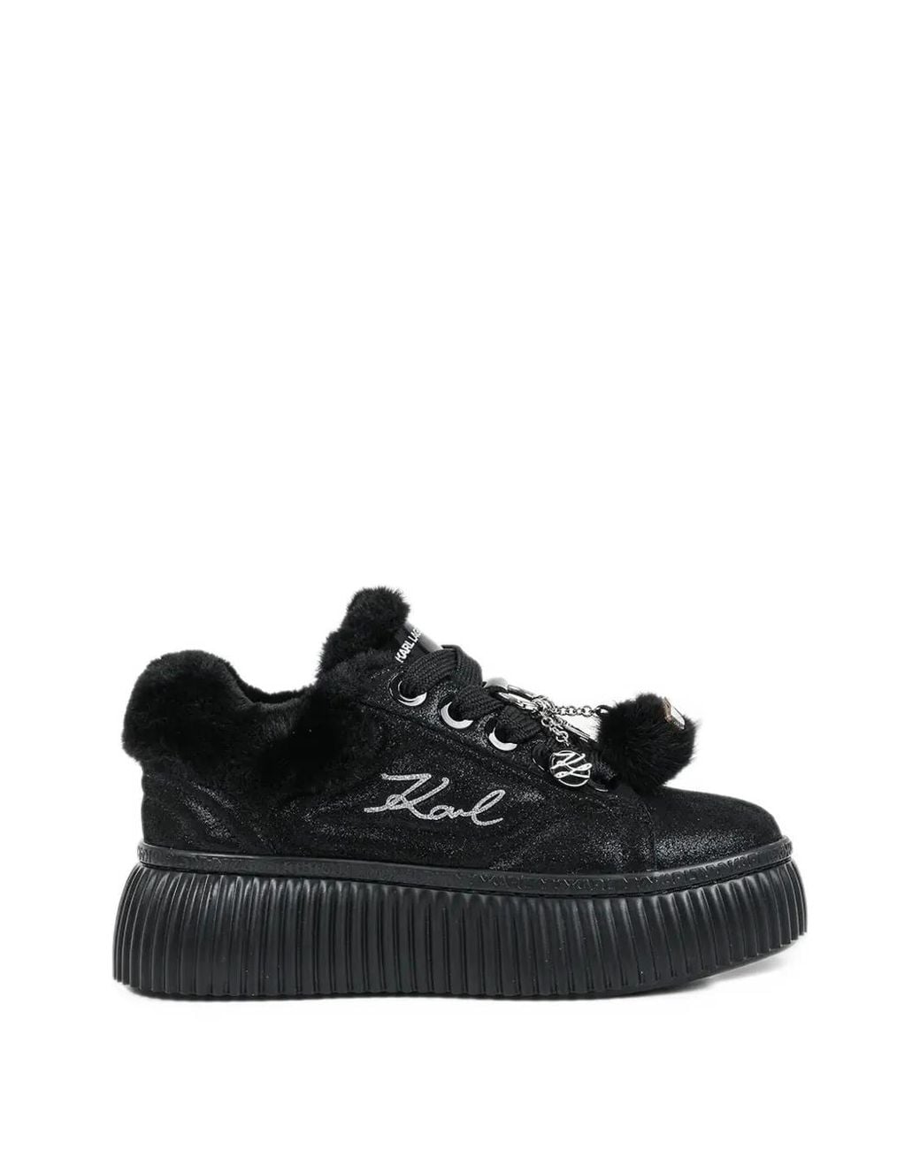 Karl Lagerfeld Black Faux-Fur Trim Charm-Embellished Sneakers