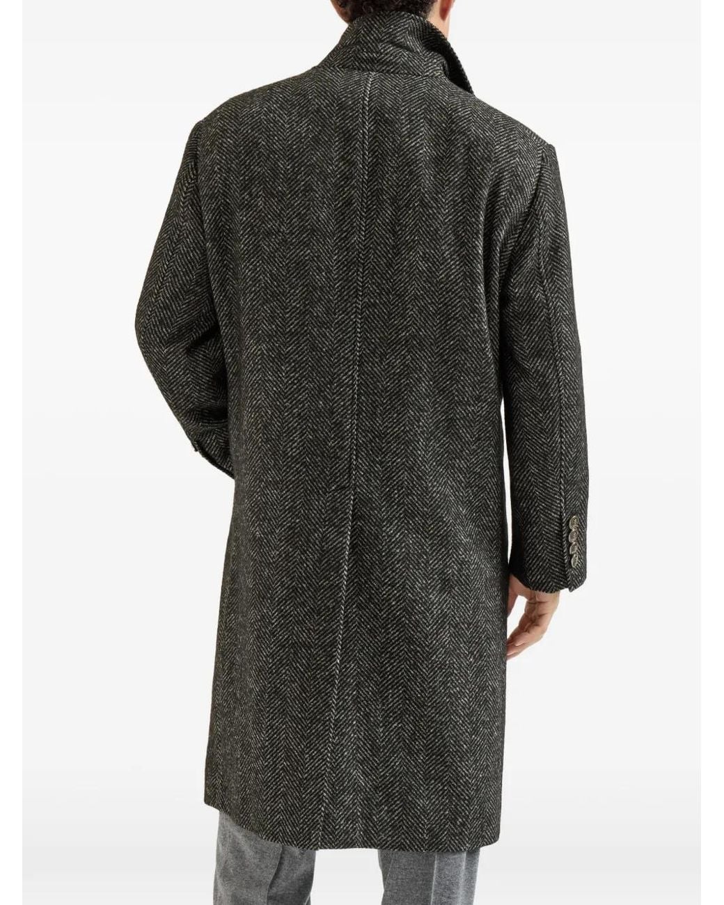 Brunello Cucinelli Gray Virgin Wool And Alpaca Chevron Coat With Metal Buttons for men