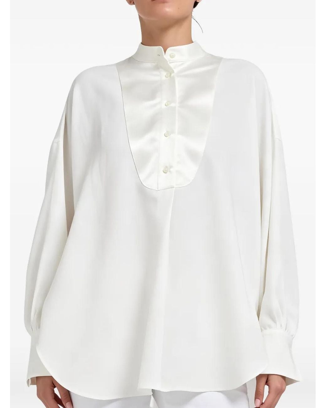 Brunello Cucinelli White Bib-Panel Band-Collar Shirt