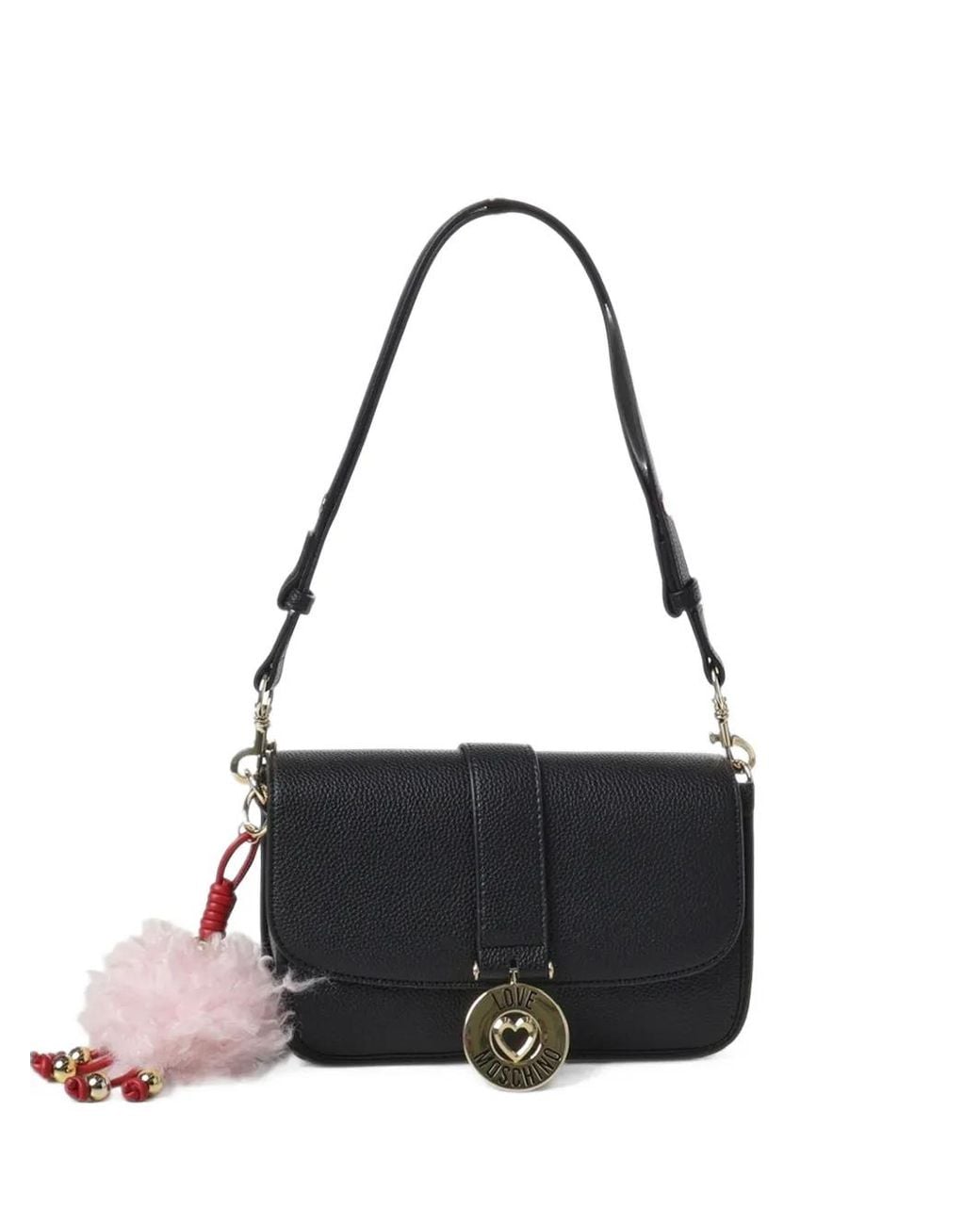 Love Moschino Black Logo-Plaque Pompom-Detail Shoulder Bag