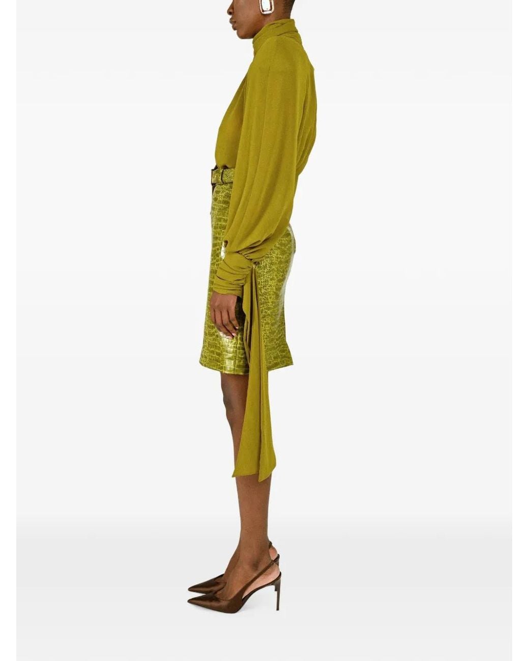 ROWEN ROSE Green Croc-Effect Belted Mini Skirt