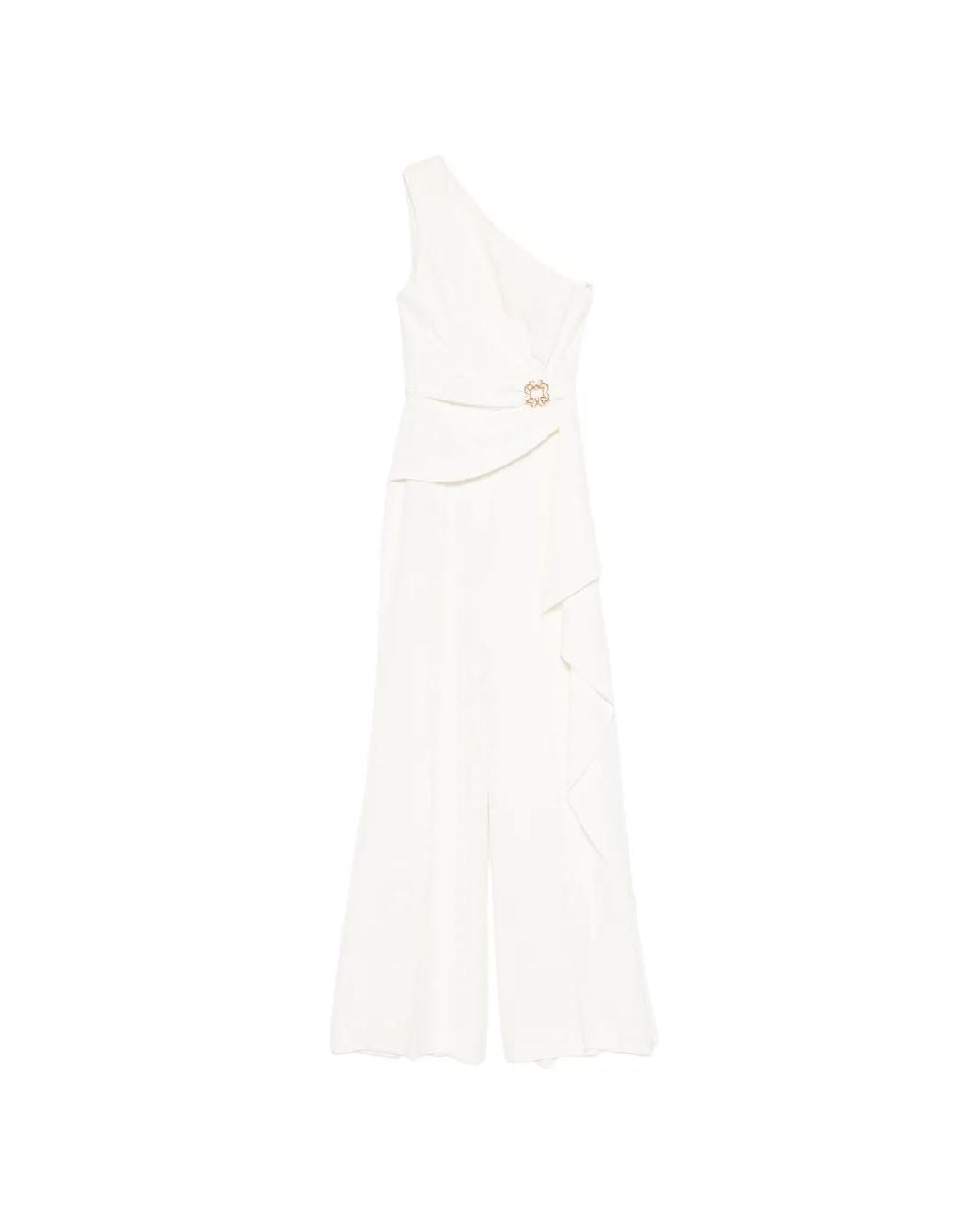 Elie Saab White Cady One-Shoulder Appliqué Jumpsuit