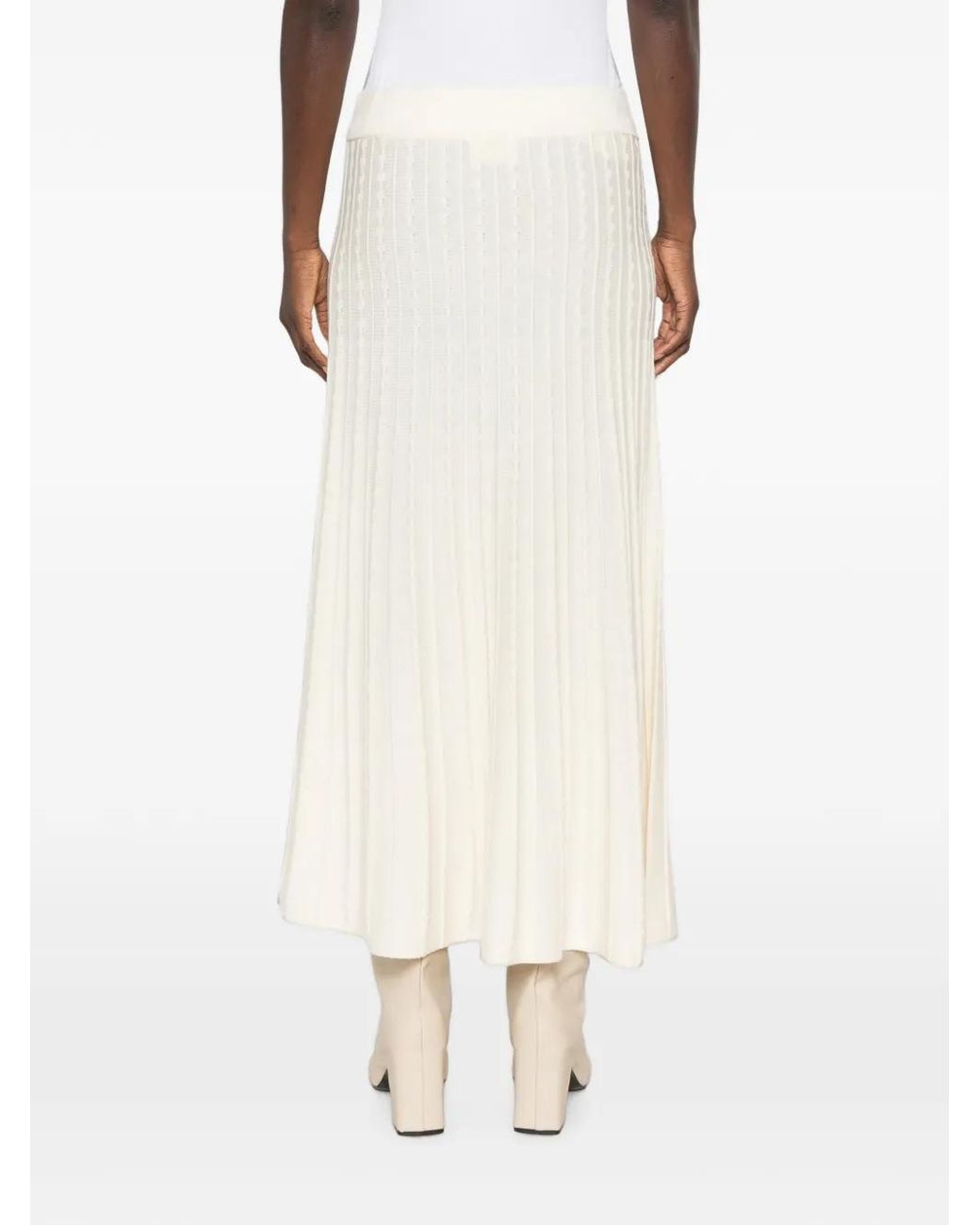 MAISON 123 White Ondine Cable-Knit Pleated Midi Skirt