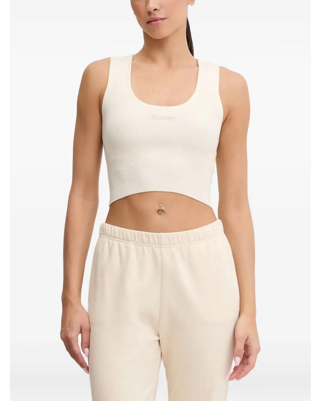 Guess White Ribbed-Knit Crop Top