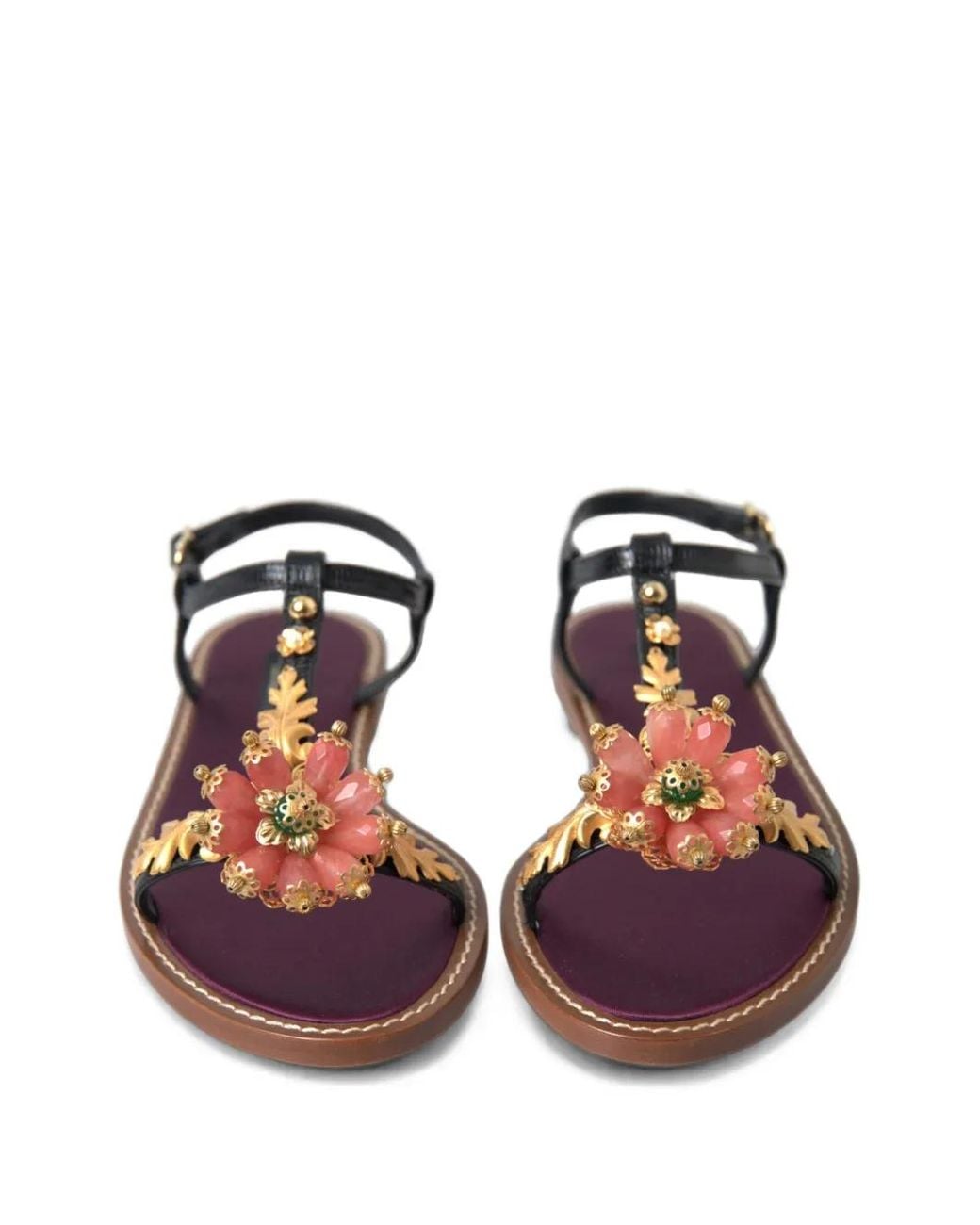 Dolce & Gabbana Black Floral-Embellished Leather Sandals