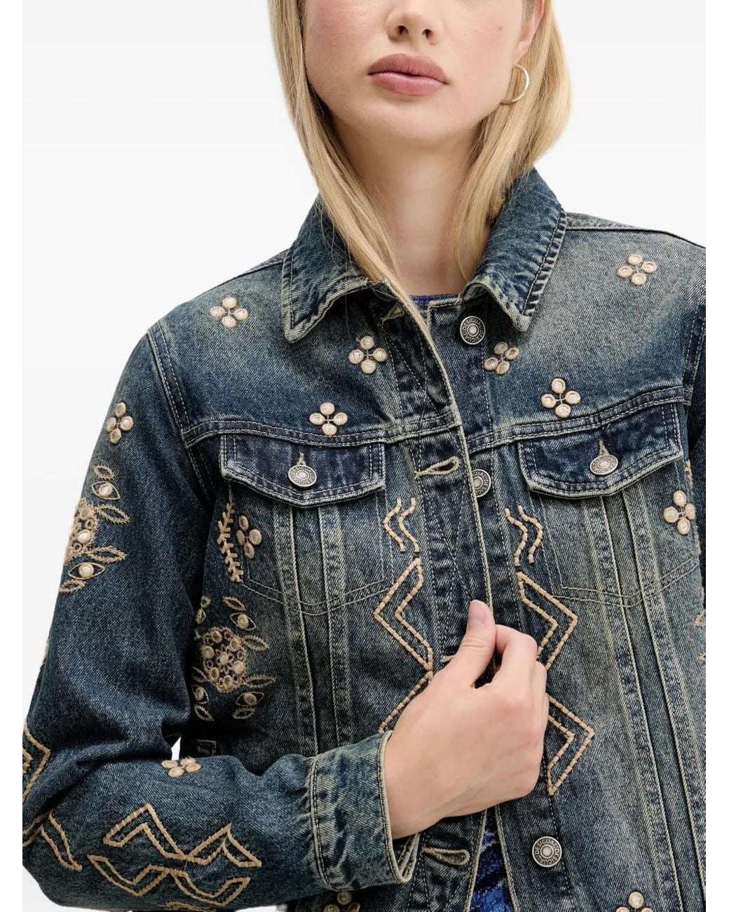 Desigual Blue Embroidered Denim Jacket