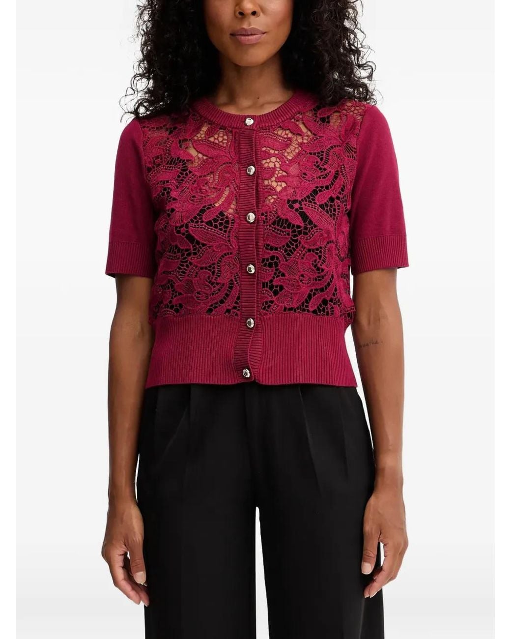 Morgan Red Lace-Panelled Short-Sleeve Cardigan