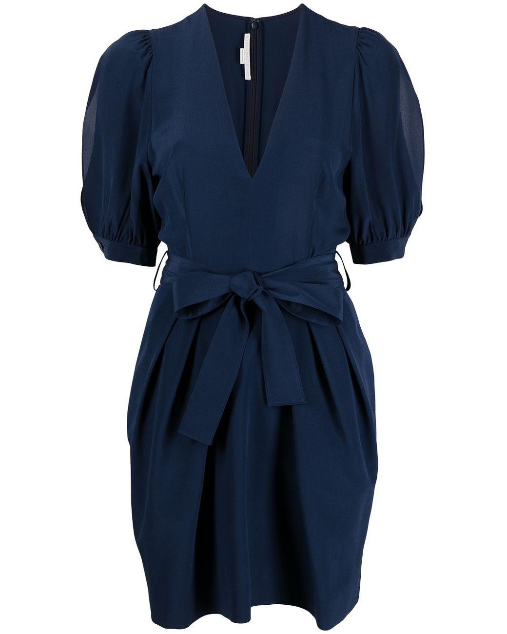 Stella McCartney Deep V-neck Puff-sleeve Tulip Dress in Blue - Lyst