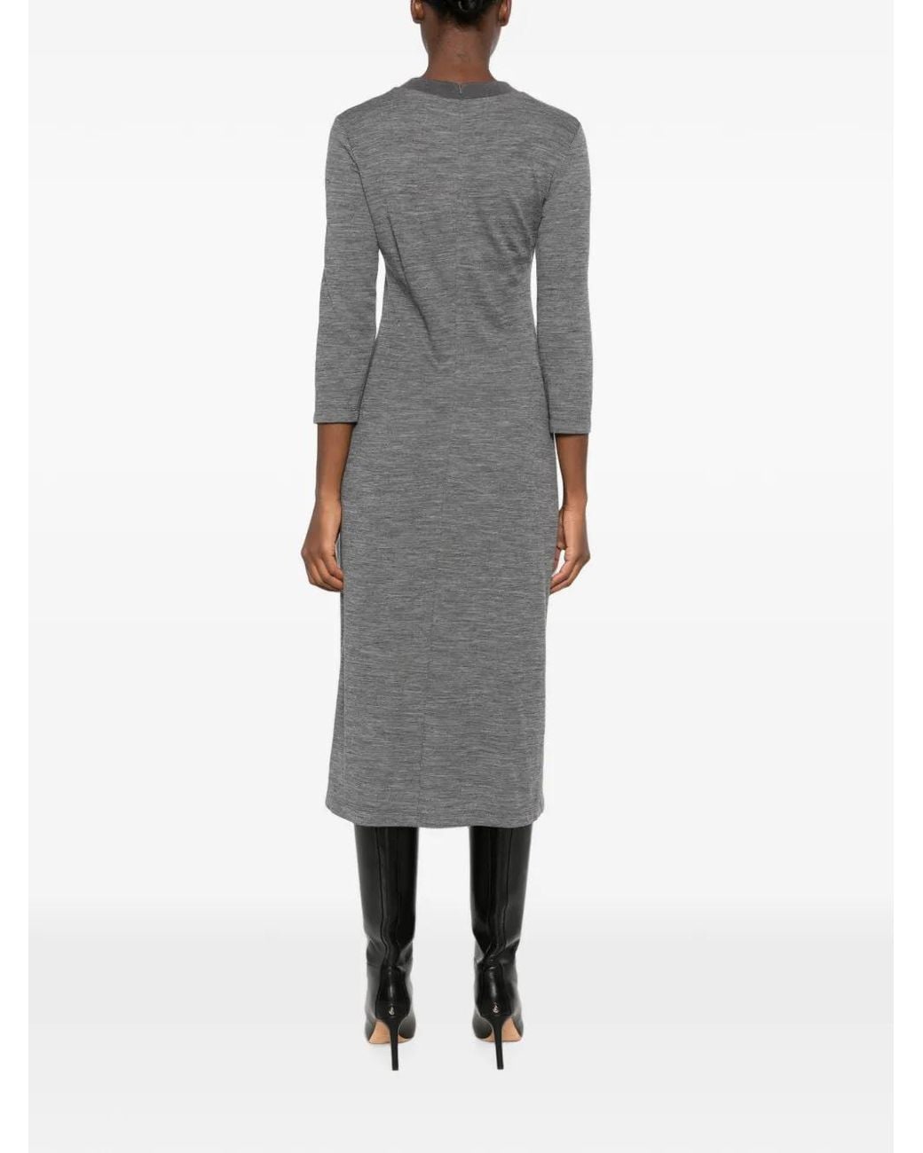 Peserico Gray Gathered Long-Sleeve Midi Dress