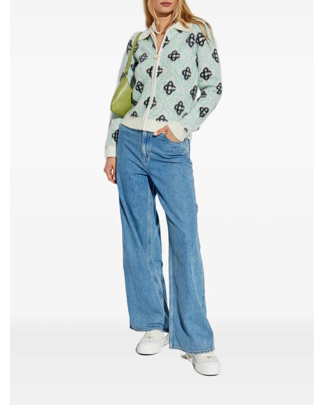 Casablanca Blue Monogram-Pattern Zip-Up Cardigan