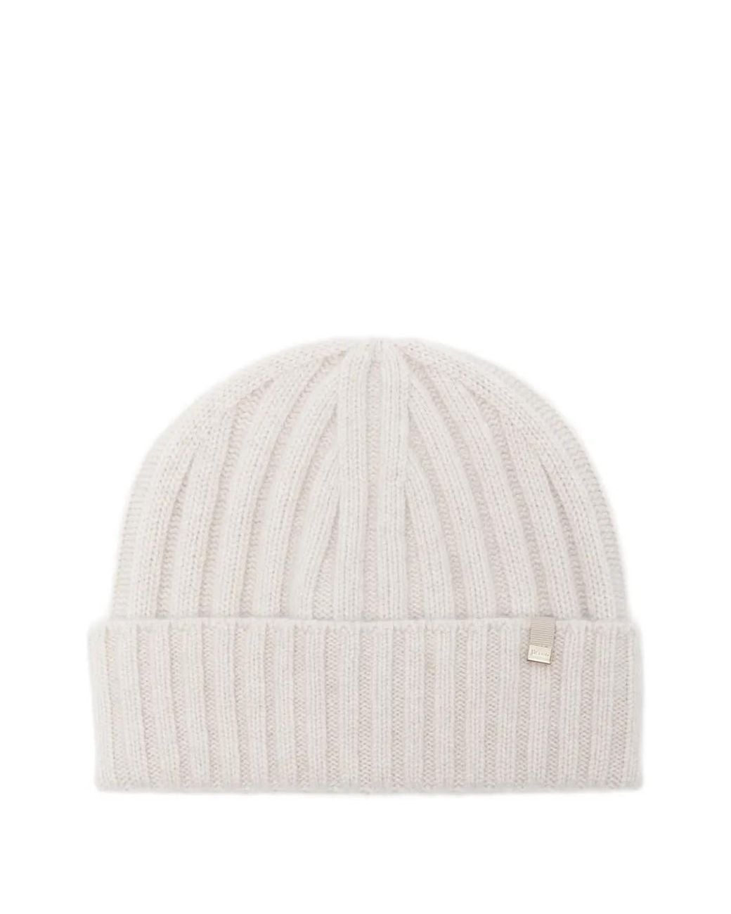 Herno White Ribbed-Knit Beanie Hat