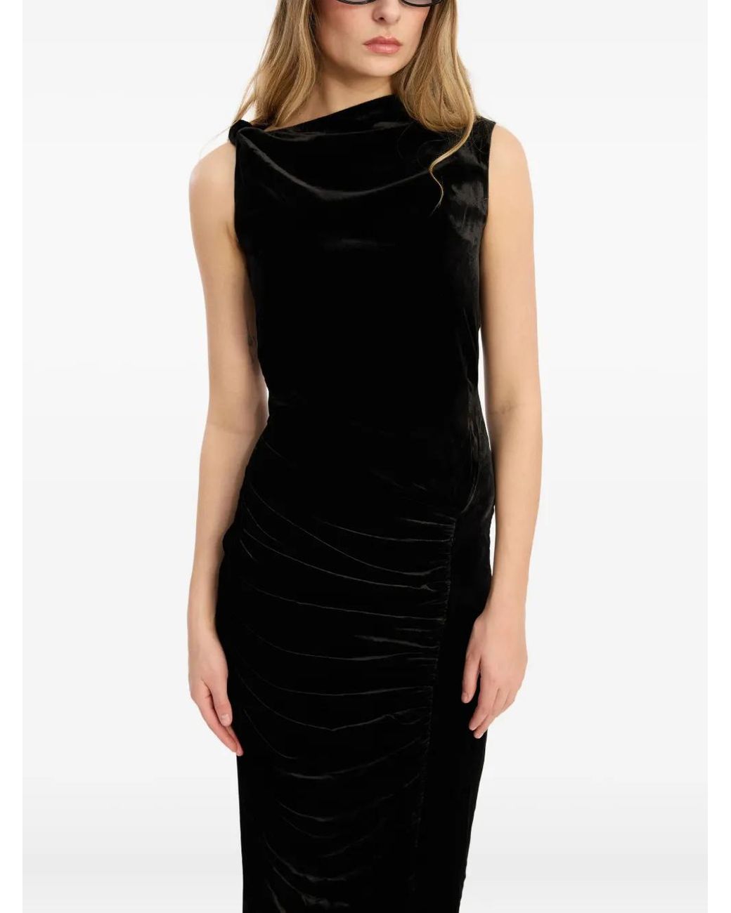 ROTATE BIRGER CHRISTENSEN Black Velvet Ruched Midi Dress Dress