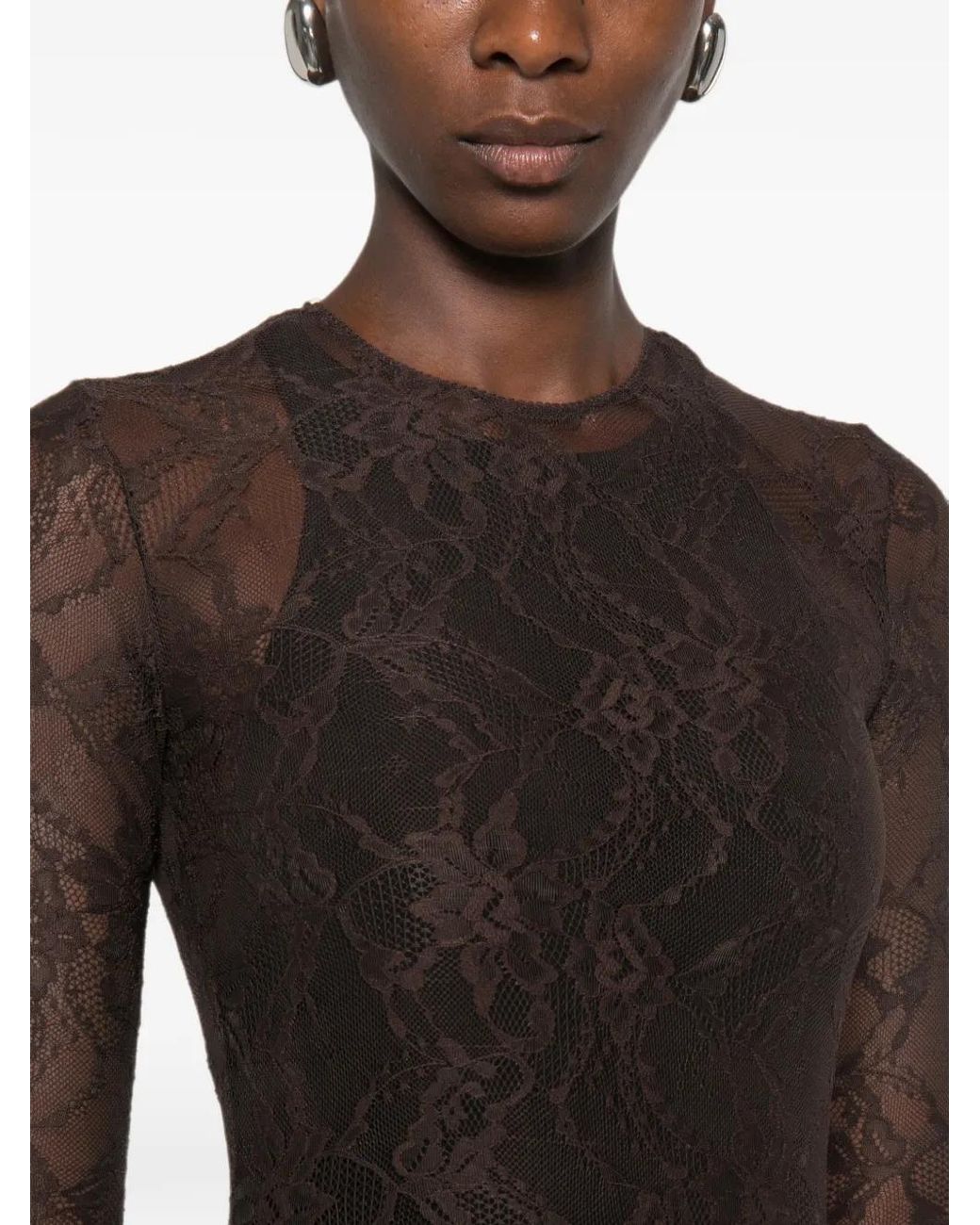 ANDAMANE Brown Sheila Lace-Pattern Long-Sleeve Jumpsuit