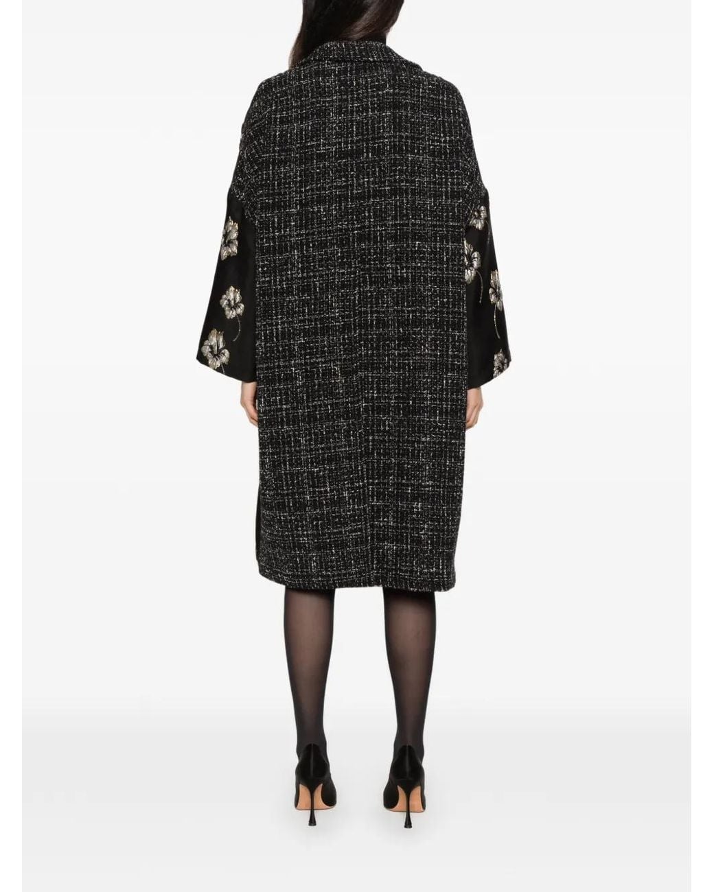 5 PROGRESS Black Floral-Jacquard Bouclé-Panel Coat