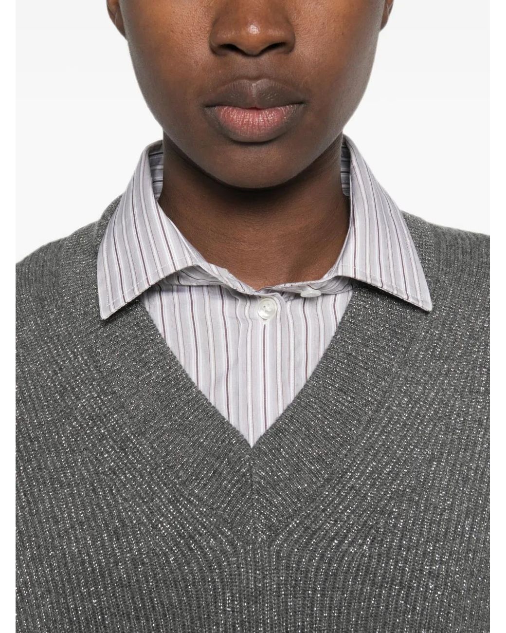 Brunello Cucinelli Gray V-Neck Sweater
