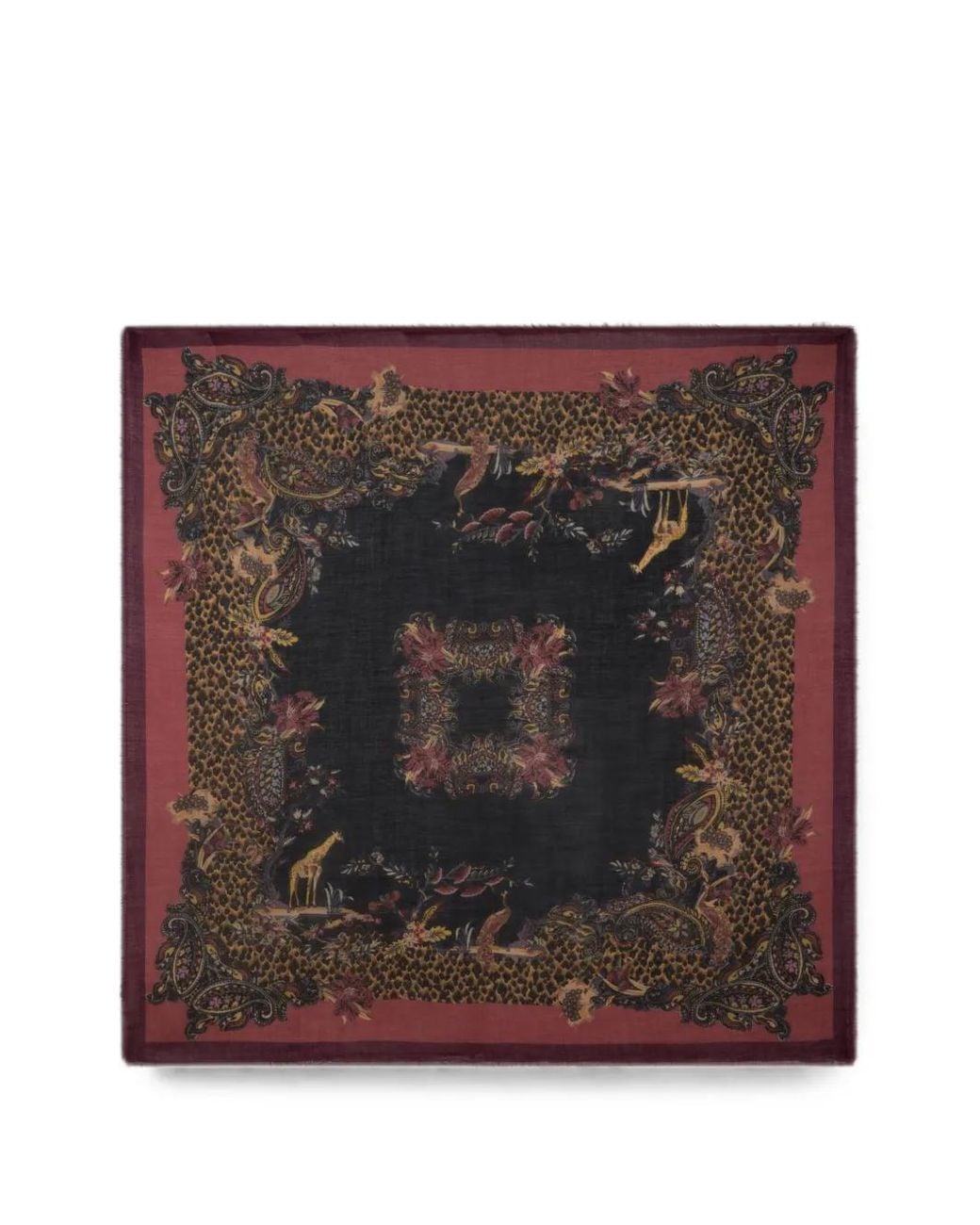 Etro Brown Wool, Cashmere And Silk Shawl With Animal And Paisley Motif