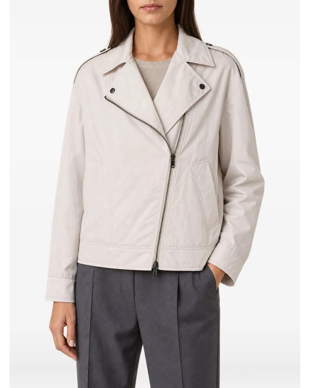 Brunello Cucinelli Gray Asymmetrical Zip-Up Biker Jacket