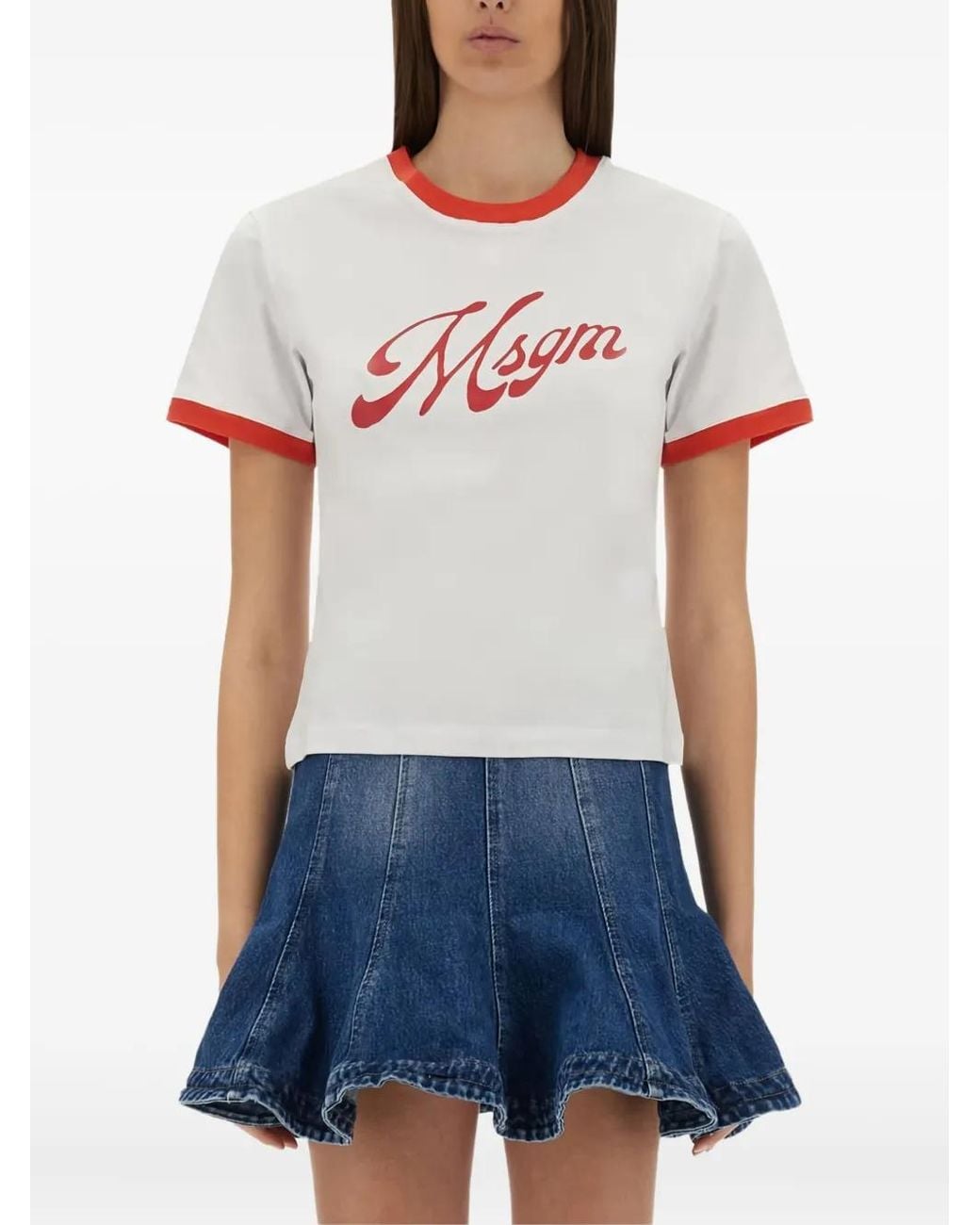 MSGM White Contrast-Trim Logo-Print T-Shirt