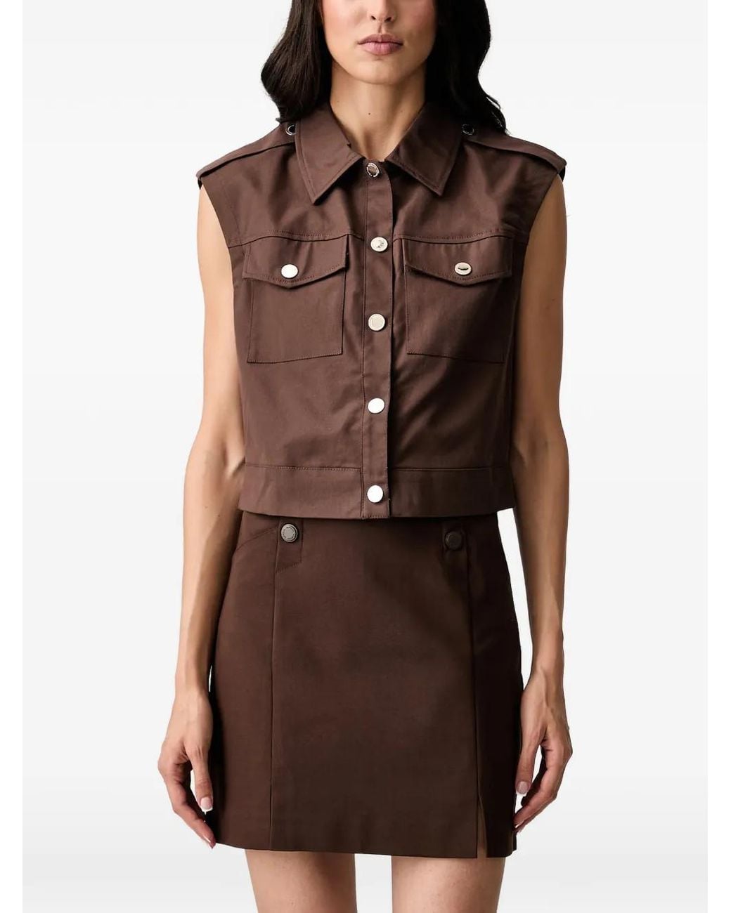 Morgan Brown Button-Up Sleeveless Shirt Jacket