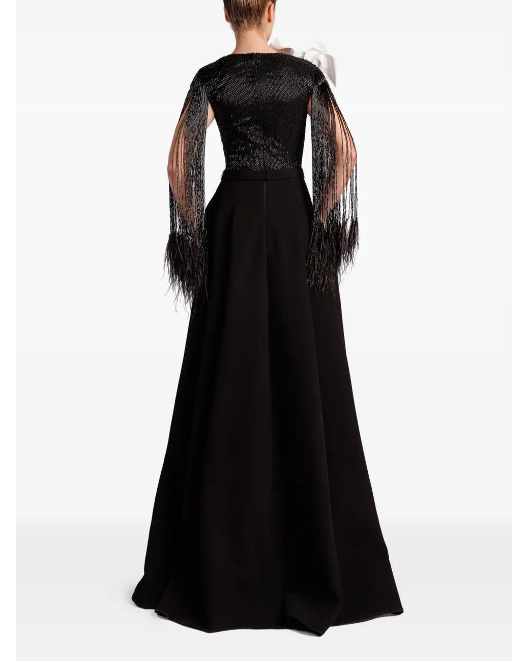 Gatti Nolli by Marwan Black Flower-Detail Fringed Mermaid Gown