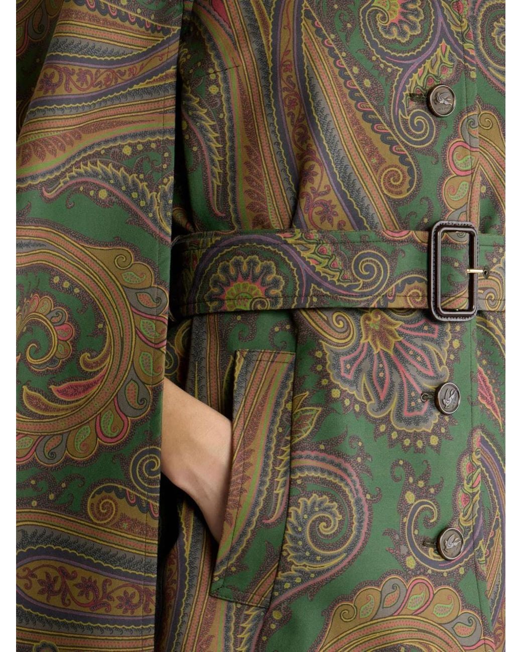 Etro Green Cotton Gabardine Trench Coat-Style Cape With Paisley Motif