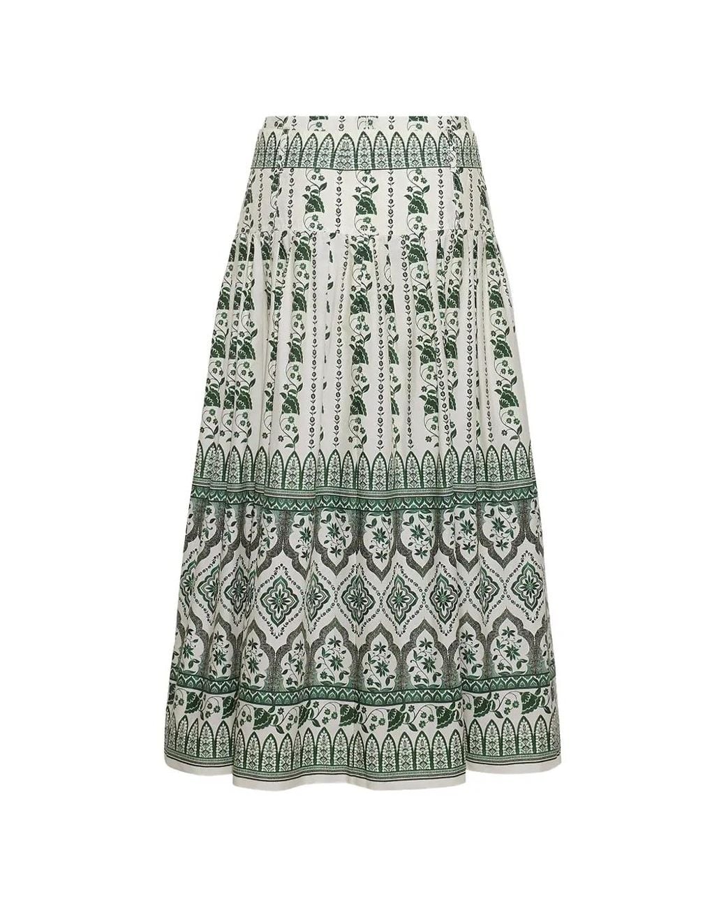 Cara Cara White Jiya Floral-Print Tiered Midi Skirt