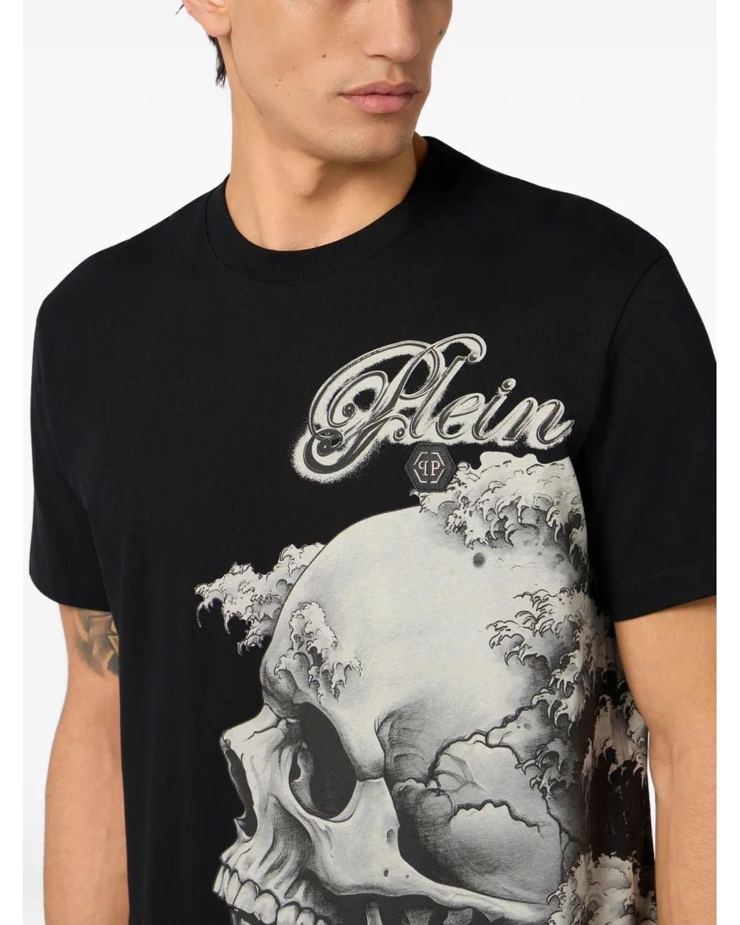Philipp Plein Black Round Neck T-Shirt Ceramic Skull for men