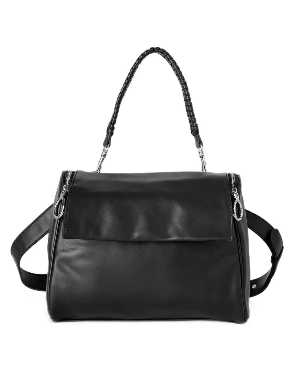 Benetton Black Braided-Handle Zip-Fastening Shoulder Bag