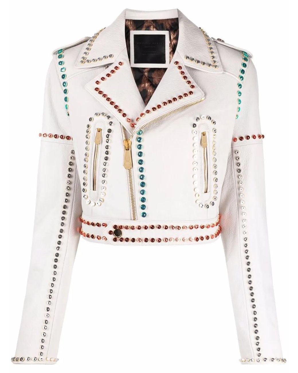 Philipp Plein White Crystal-Trim Studded Cropped Biker Jacket
