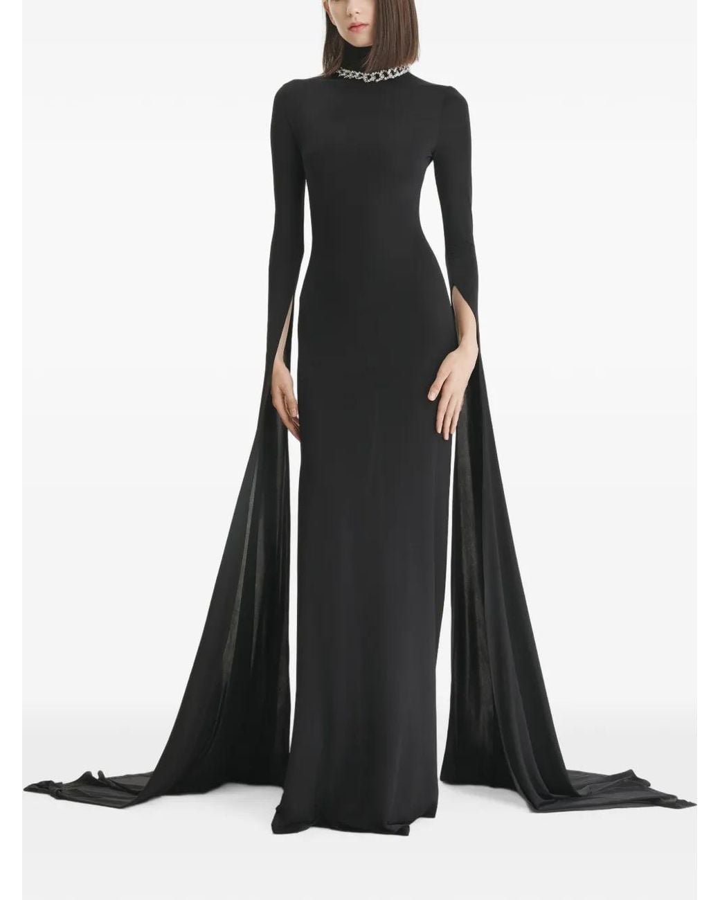 2310 STUDIO Black Crystal-Embellished Cape-Sleeve Maxi Dress