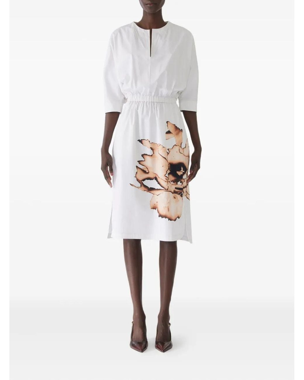 Jason Wu White Floral-Print Elasticated-Waist Midi Dress