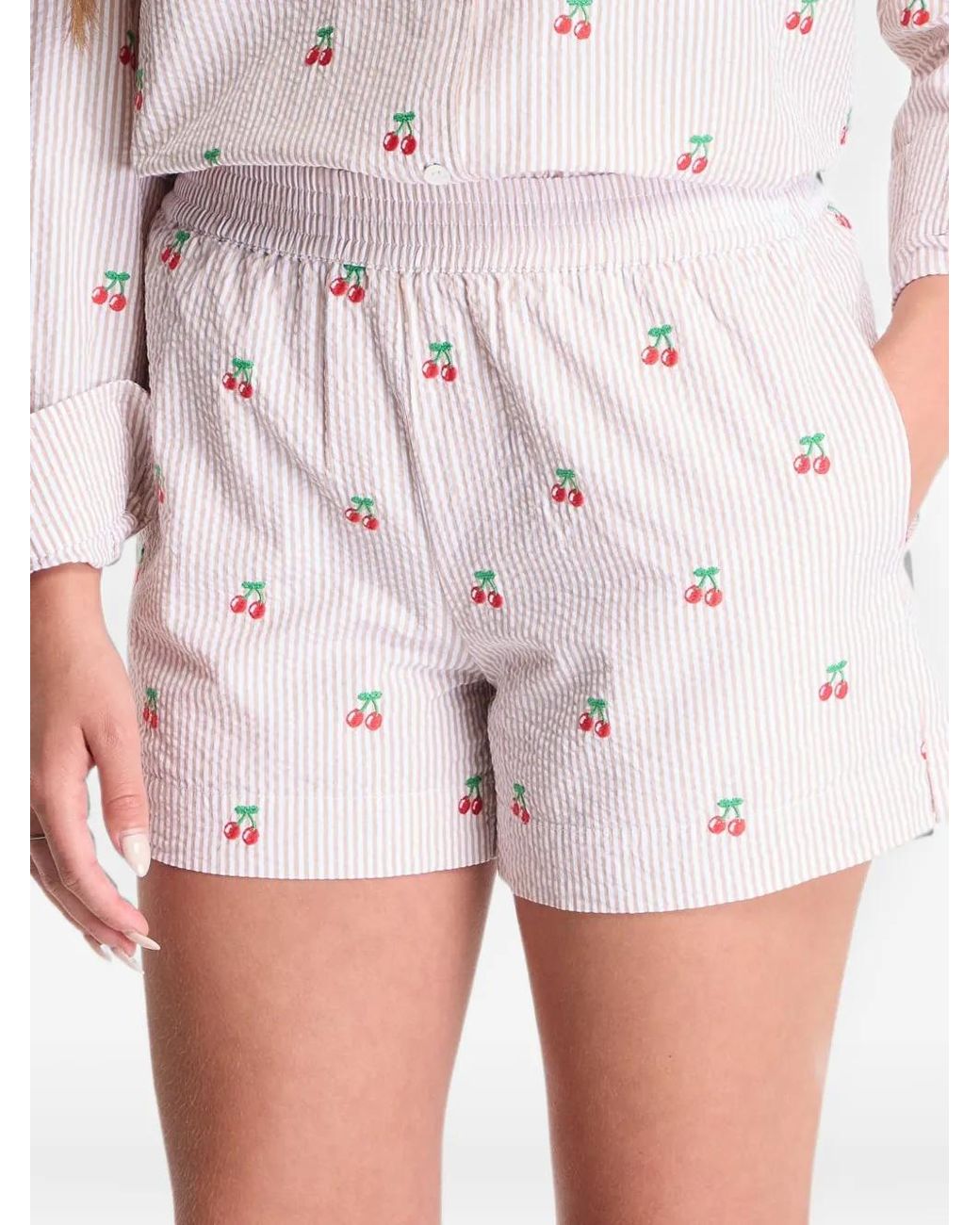 Mc2 Saint Barth White Meave Cherry-Embroidered Seersucker Shorts