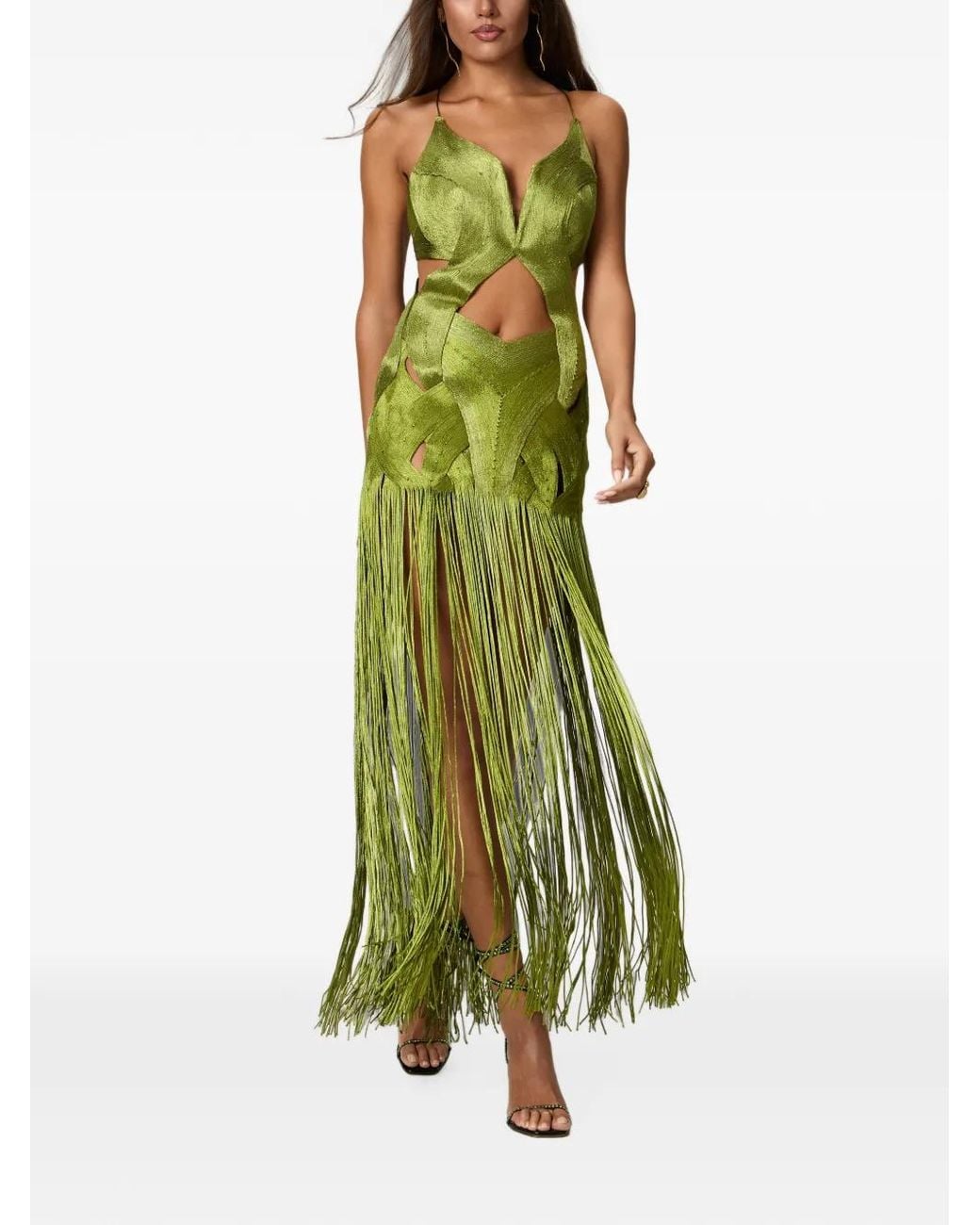NORINA ST Green Dune Fringed Cut-Out Maxi Dress