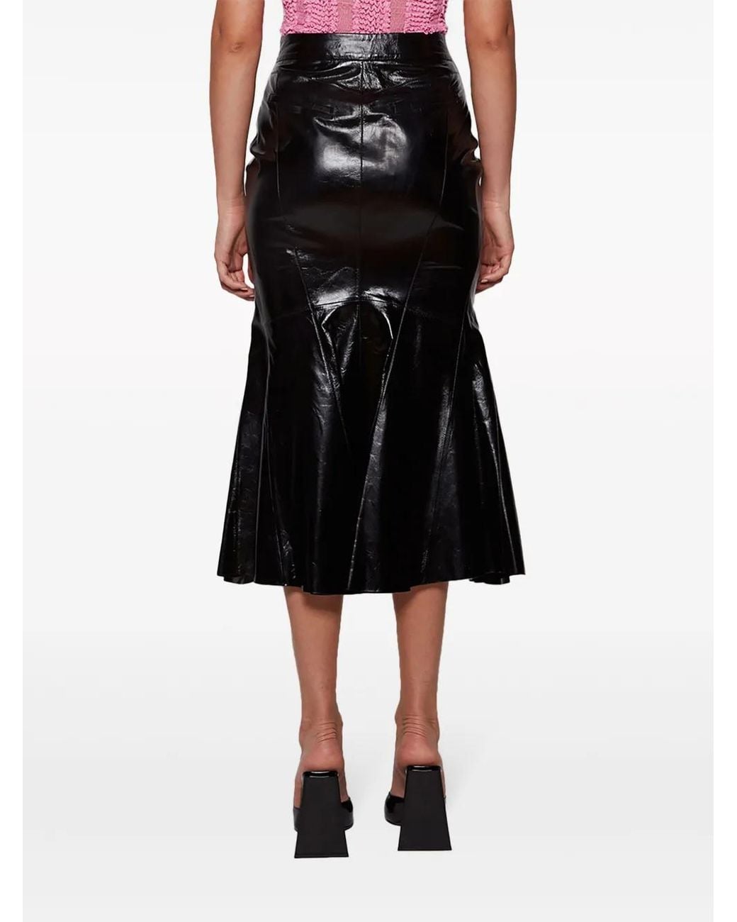 Zeynep Arcay Black Flared Leather Midi Skirt
