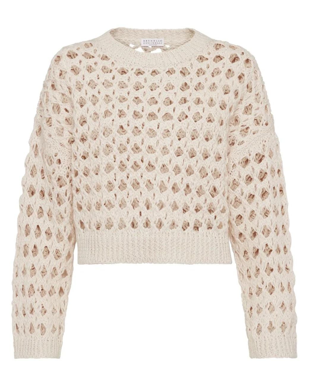 Brunello Cucinelli Natural Openwork-Knit Cropped Sweater