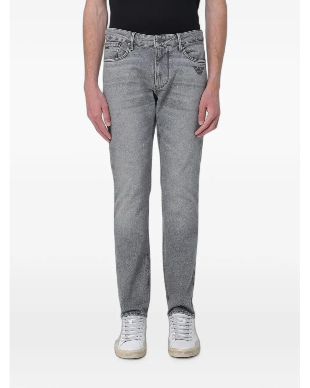 Emporio Armani Gray J06 Slim-Fit Washed Denim Jeans With Eagle Embroidery for men