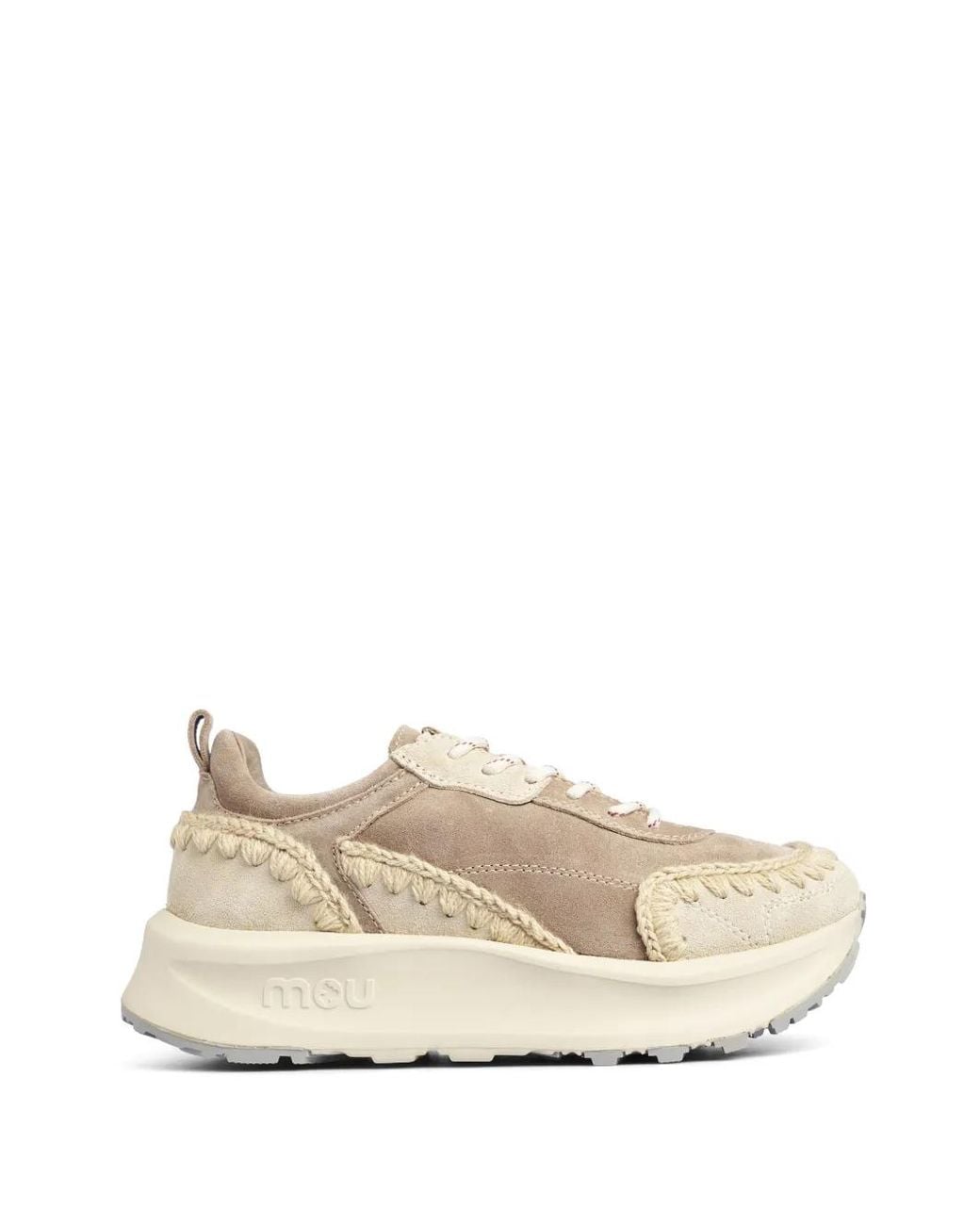 Mou Natural Crochet-Trim Suede Sneakers
