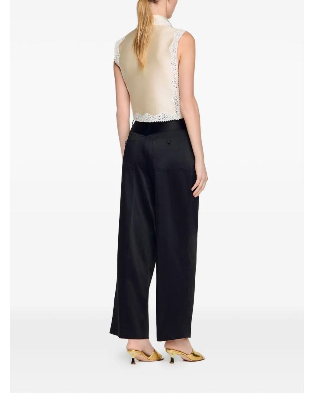 Sandro Black Satin-Effect Wide-Leg Trousers