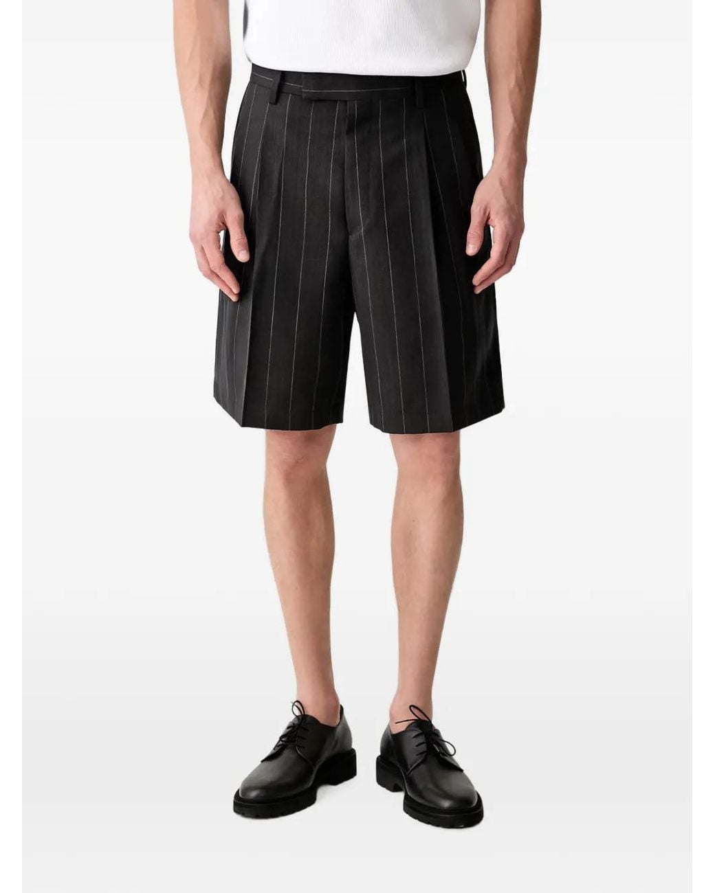 Wacko Maria Black Pinstripe-Print Pleated Shorts for men